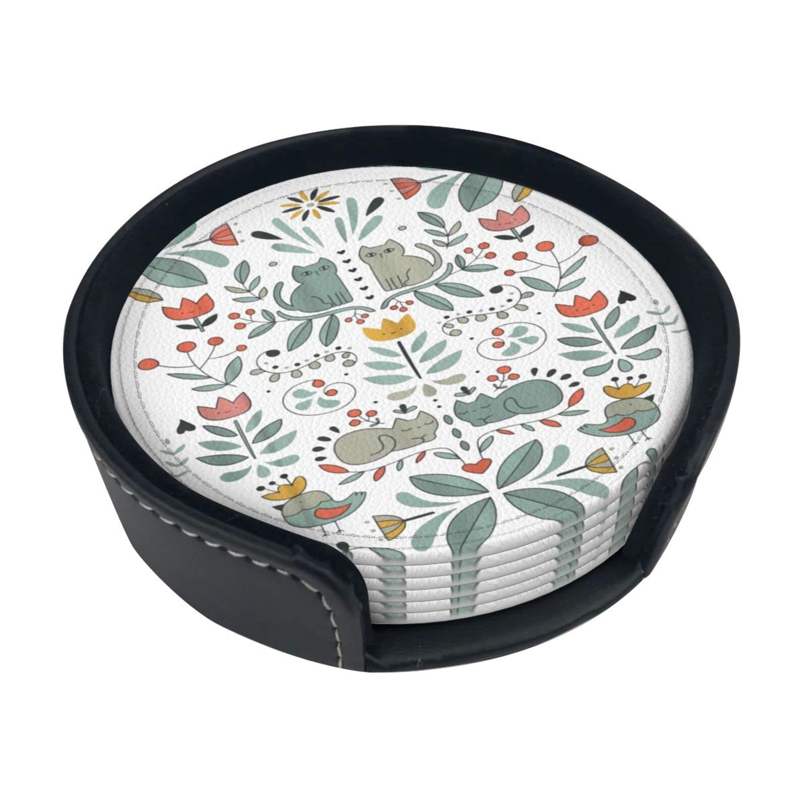 Coasters Set Of 6 Funny Cats Birds And Flowers Print Leather Coasters For Drinks,Home Décor And Housewarming Gift