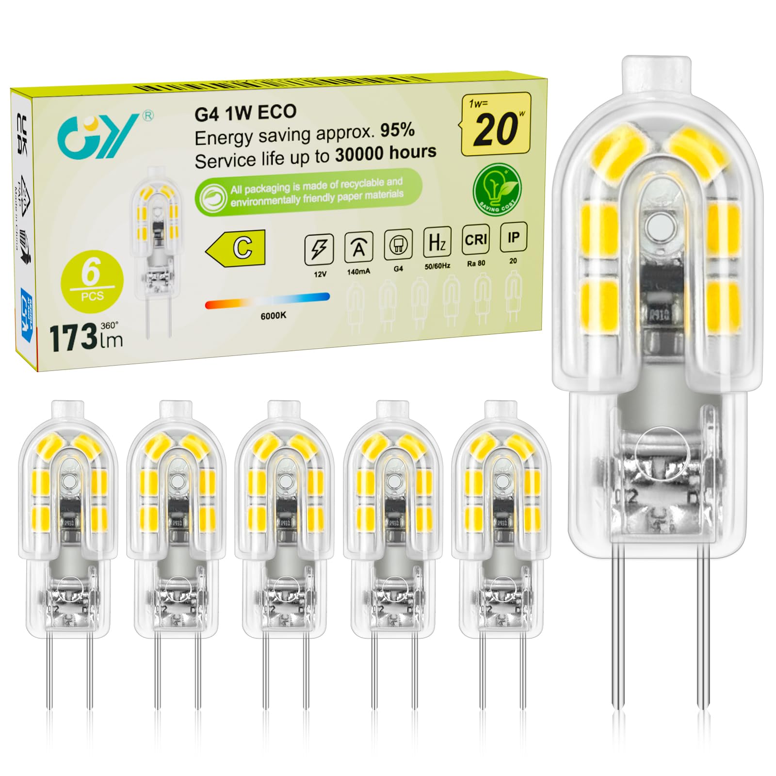 GY G4 LED-Lampe 1W Ersatz für 20W 12V, 173 Lumen 6000K G4 LED kaltweiß Mini-Lampe LED-Energiesparlampe Nicht dimmbar, geeignet für Küche Wohnzimmer Innenbeleuchtung Kompakt, 6 Stück