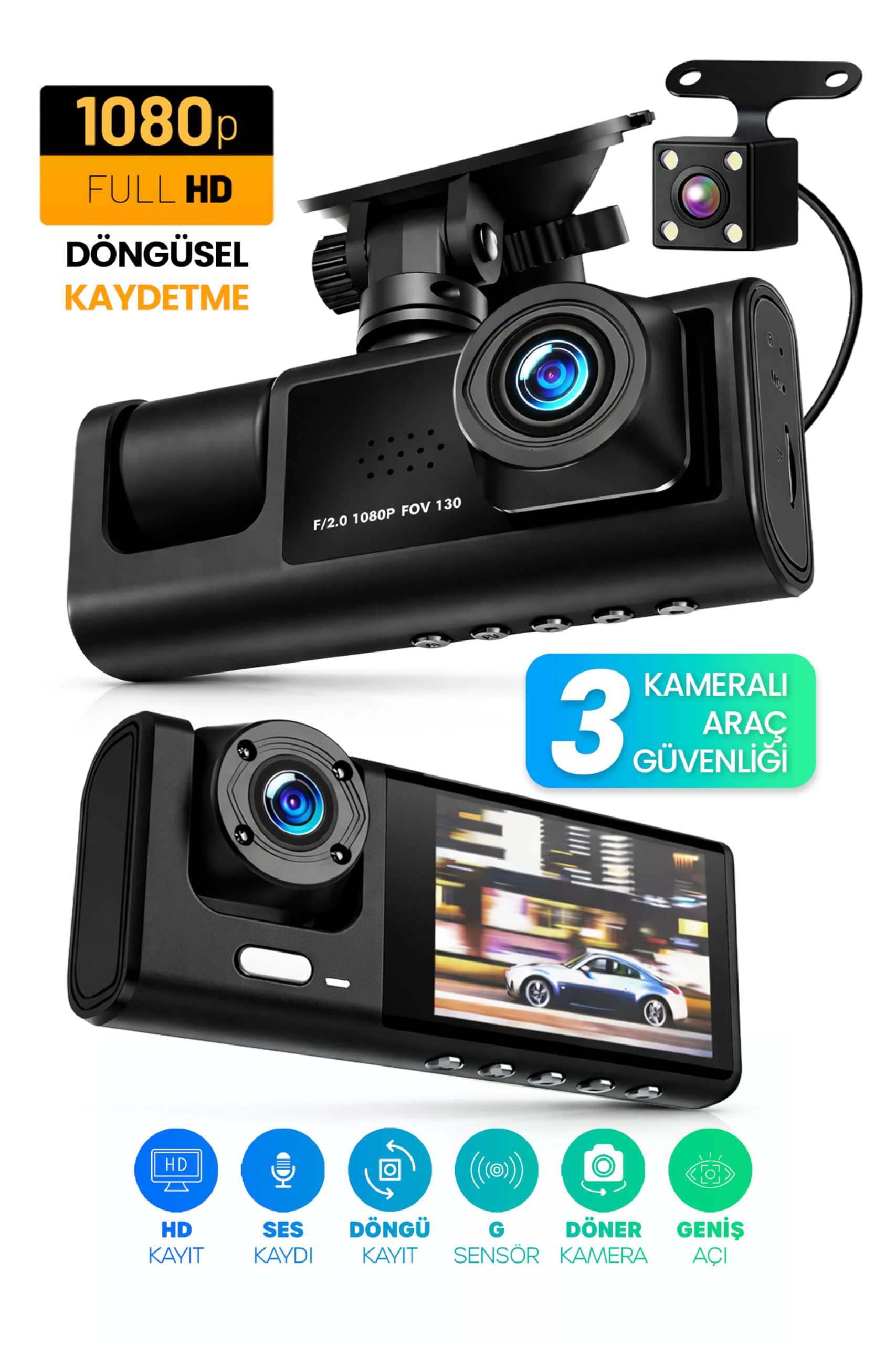 3 Kameralı LCD Ekran Araç Kamerası FullHD Geniş Açı Ön + Arka + Araç İçi Kamera Hareket Sensörü C309