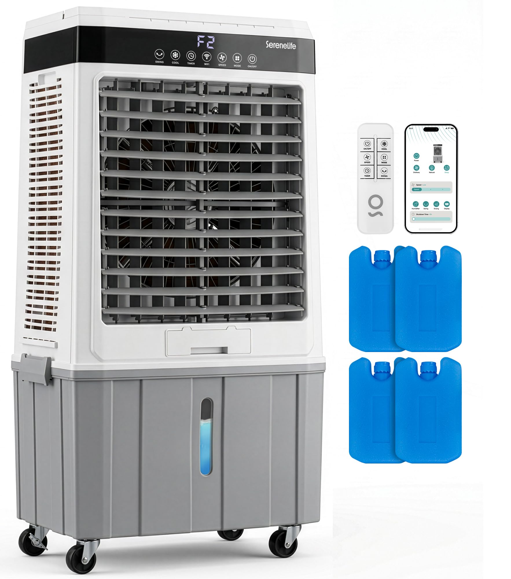 Photo 1 of SereneLife Portable Air Cooler with 2800 CFM Power – High-Performance Evaporative Air Cooler for Indoor and Outdoor Spaces, 35 L Tank, 60° Oscillation, 12-Hour Timer, Remote Control Cooling System