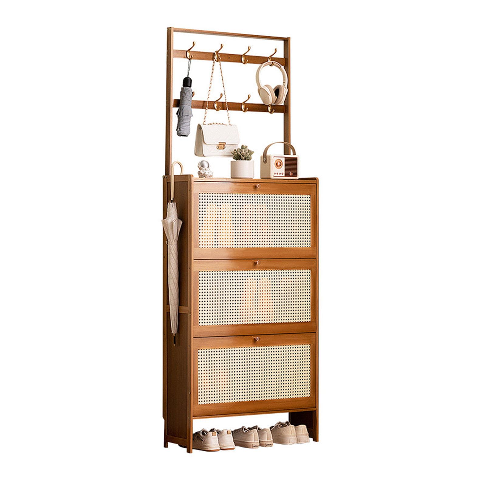 LMYSXAOZ Slim Bamboo Shoe Rack Cabinet with Hooks & Flip Drawers - Freestanding Entryway Organizer Coat Combo Narrow Storage Solution for Hallway, 70x24x186cm