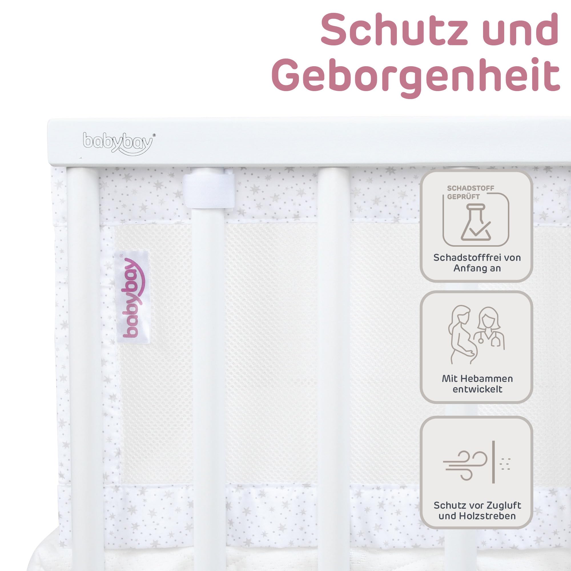 babybay Gniazdko z siatki 3D pasuje do modelu Maxi, Boxspring, Comfort i Comfort Plus, białe, błyszczące gwiazdki, srebrne