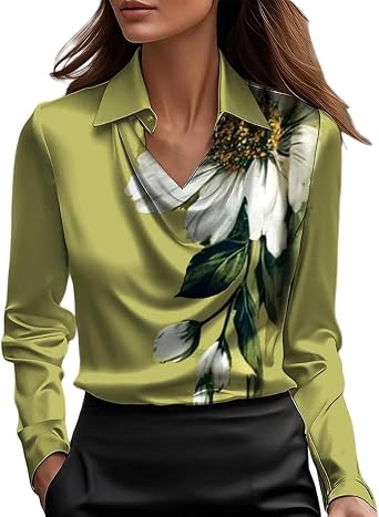 Blouses for Women Dressy Casual, Cowl Neck Long Sleeve Satin Silk Blouse, Elegant School Office Work 2025 Fall Outfits