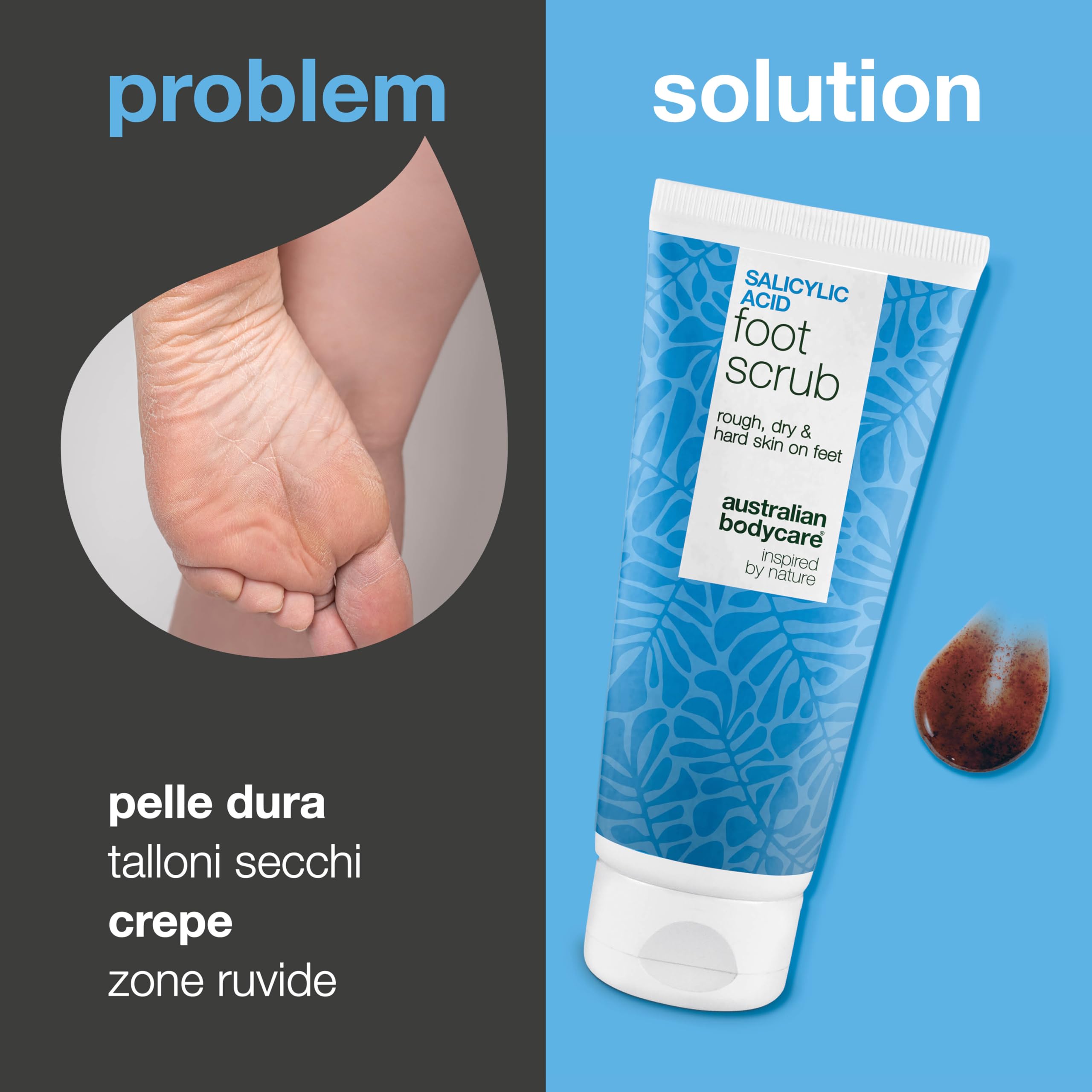 Scrub piedi esfoliante per talloni screpolati, calli, duroni e piedi secchi – peeling AHA/BHA con acido glicolico + acido salicilico e semi di albicocca, rimuove le cellule morte