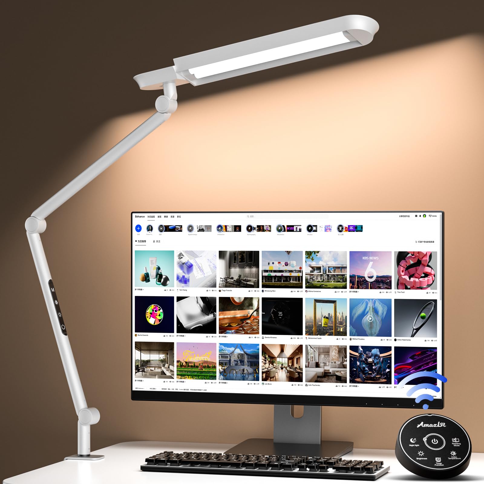 AmazLit Lámpara Escritorio, Lámpara de Escritorio LED con Abrazadera,18W Atenuación y Temperatura de Color Ajustable,Lámpara de Arquitecto Moderno con Función de Memoria para Hogar, Oficina,Blanco