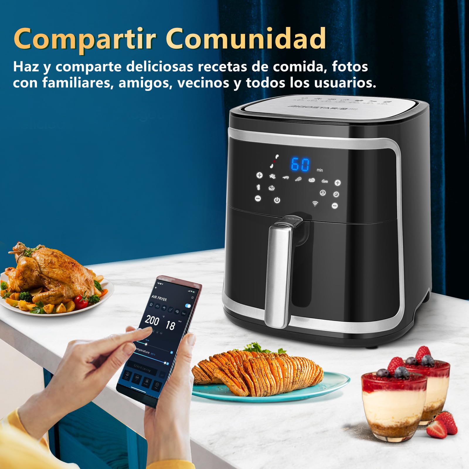 Aigostar Cube Smart - Freidora de aire inteligente sin aceite, Conexión Wifi, 1900W, 7L, Modo manual, Pantalla LED táctil, 7 funciones preestablecidas + mantener caliente y modo manual, Libre de BPA