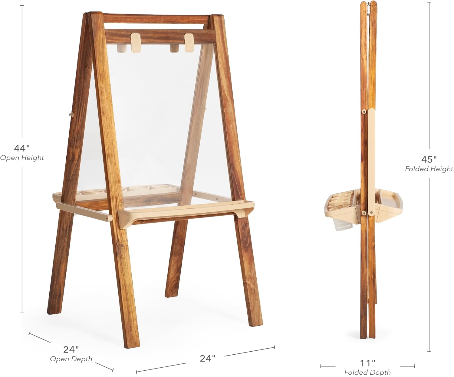 Guidecraft Acadia Indoor/Outdoor Art Easel for Kids: Acacia Wood Double-Sided Foldable See-Thru Easel | Easy to Clean Art Station w/ 5 Paint Cups, Paper Clips, Clear Dry-Erase Board, Marker Tray