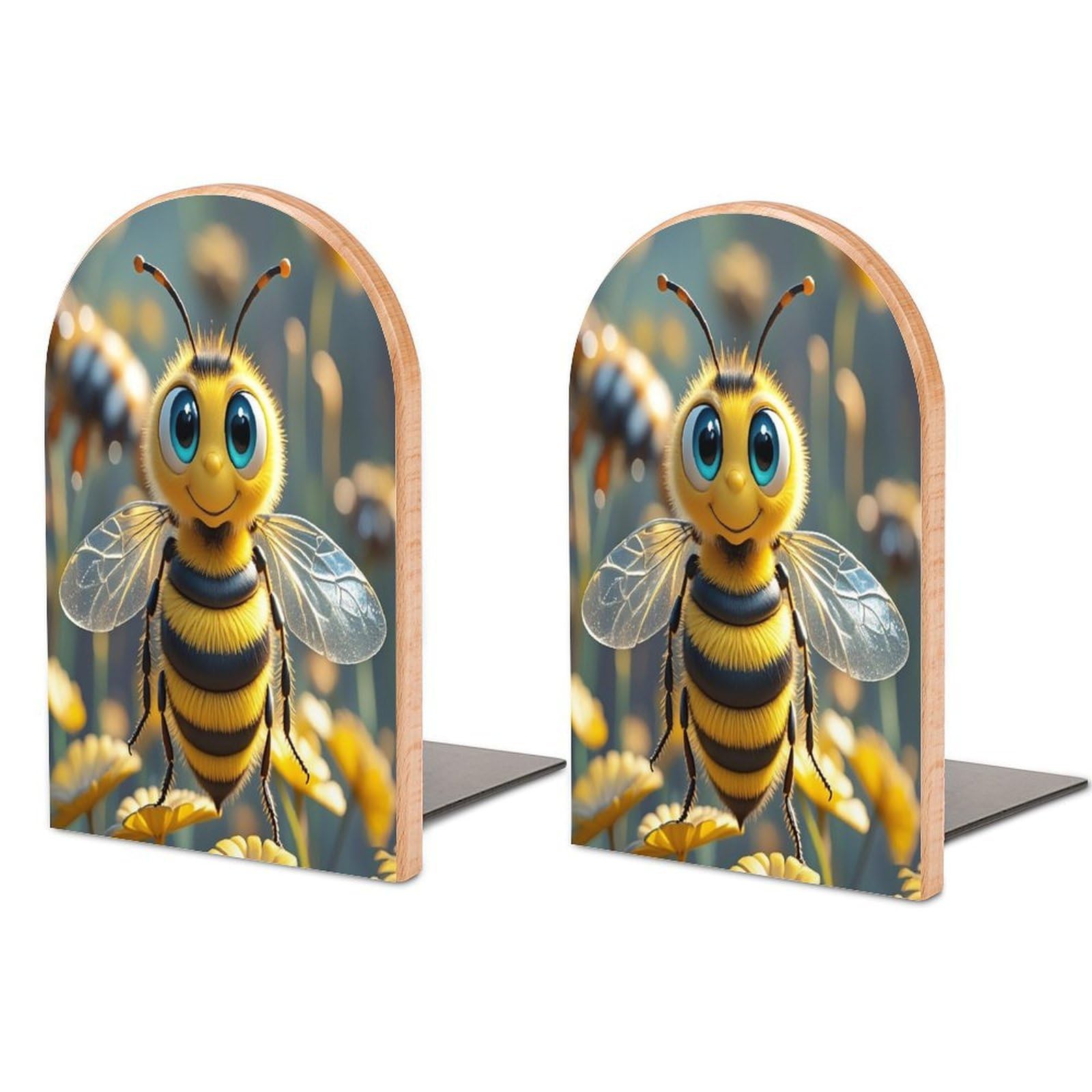 Bee Bookend for Shelves Wooden Book End Sturdy Book Holders Stoppers with Metal Base for Bookshelves Slick Decorative Bookends Stands