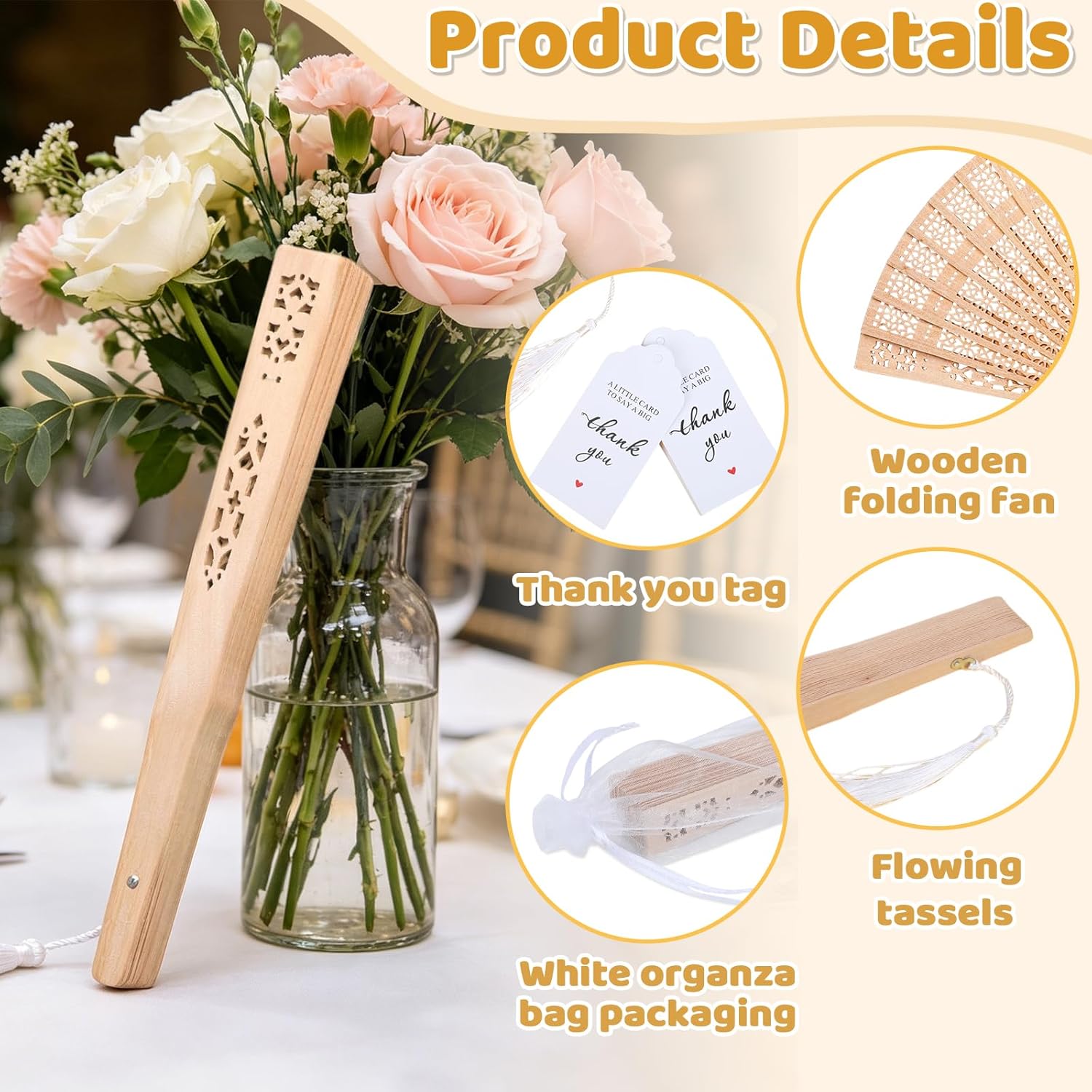 55 Sets Sandalwood Fans Bulk Wedding Favors, Reliable Solid Wooden Handheld Foldable Fans with Tassels, Organza Bags & DIY Custom Tags for Outdoor Bridal Shower Birthday Party Gifts