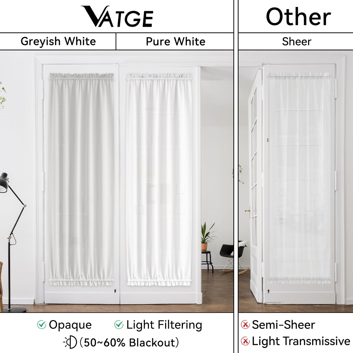 Vatge 50% Sunlight Blocking French Door Curtains - Rod Pocket Curtain Panel for Door Decoration, No Drill Rodless Blackout Drape, 1 Panel, W54 x L72, Greyish White