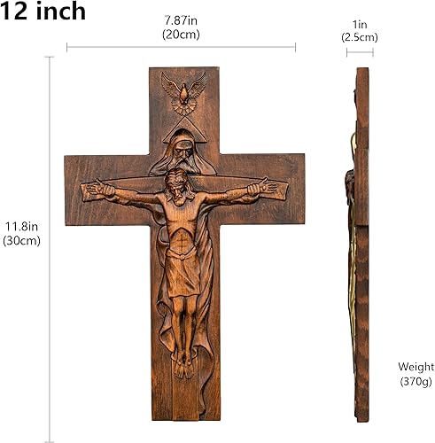 Miniatura 9 de BGCOPPER Crucifijo de pared de crucifijo de la Santísima Trinidad, cruz de Cristo Jesús para pared con gancho, cruz de madera hecha a mano para