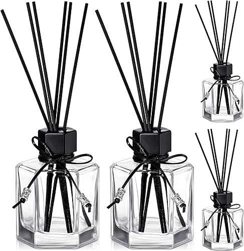 Huquary Juego de 4 botellas difusoras de varillas de 4.06 onzas (4.1 fl oz), frascos con tapas y palitos de ratán negro, accesorios de fragancia