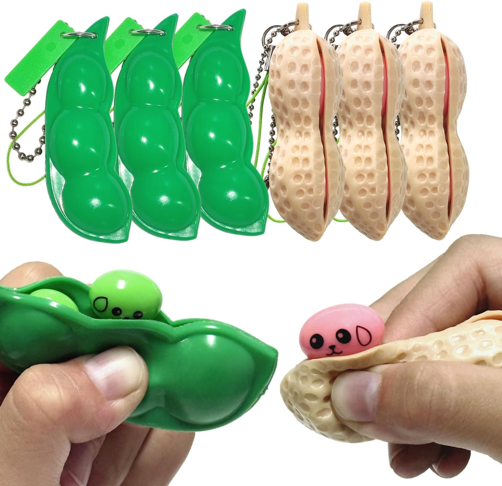 6PCS Squeeze Bean Keychain Fidget Toys Pack for Both Children and Adult (3pcs Pea & 3pcs Peanut)