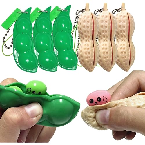 6PCS Squeeze Bean Keychain Fidget Toys Pack for Both Children and Adult (3pcs Pea & 3pcs Peanut)