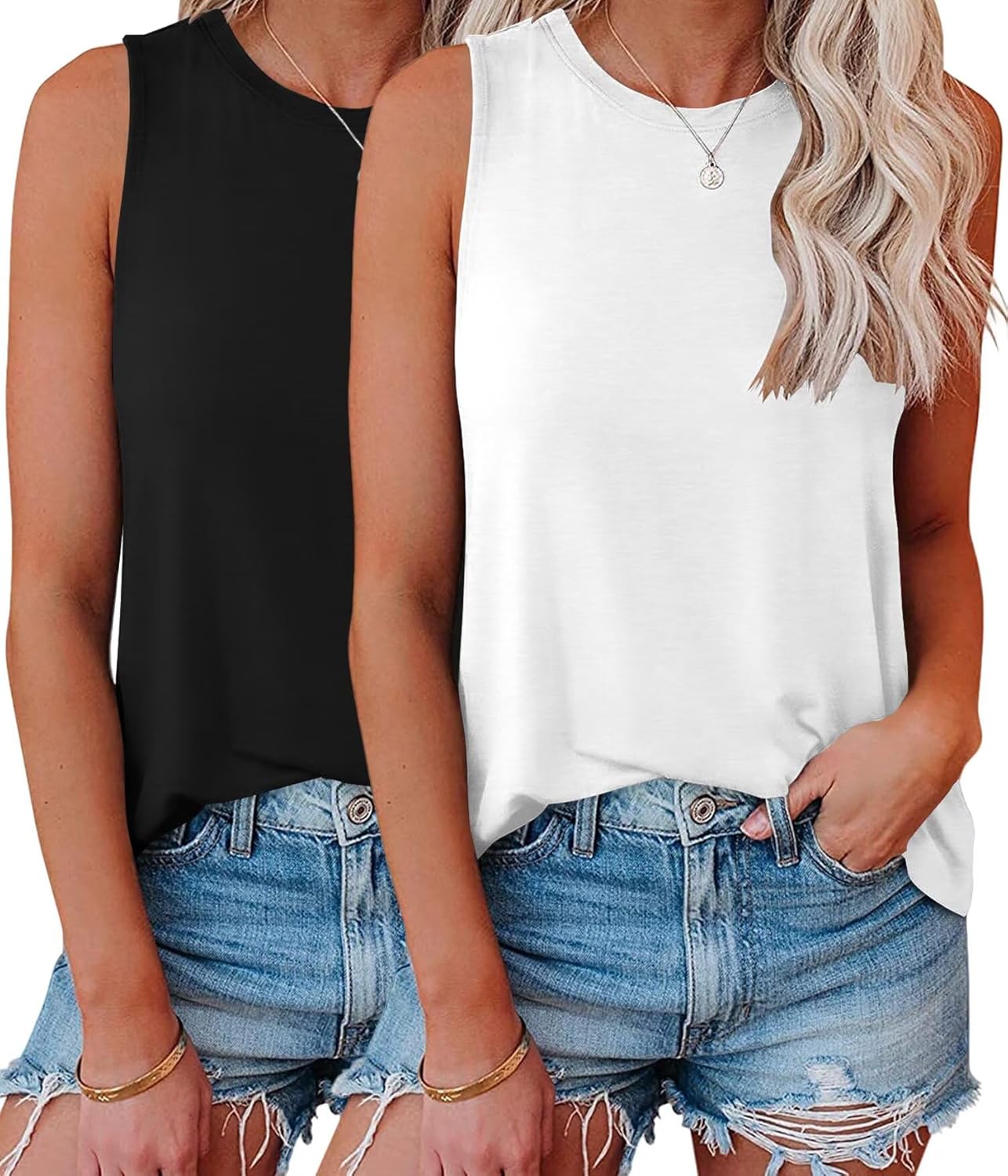 KKJ 2 Pack Womens Tank Tops Workout Tees Spring Summer Clothes Fashion Outfits Crew Neck Sleeveless Loose Fit Casual Shirts