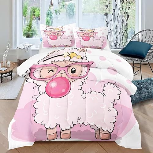 Juego de edredón de ovejas de dibujos animados rosa, tamaño individual, lindo juego de edredón de ovejas para niños, adolescentes y adultos, juego