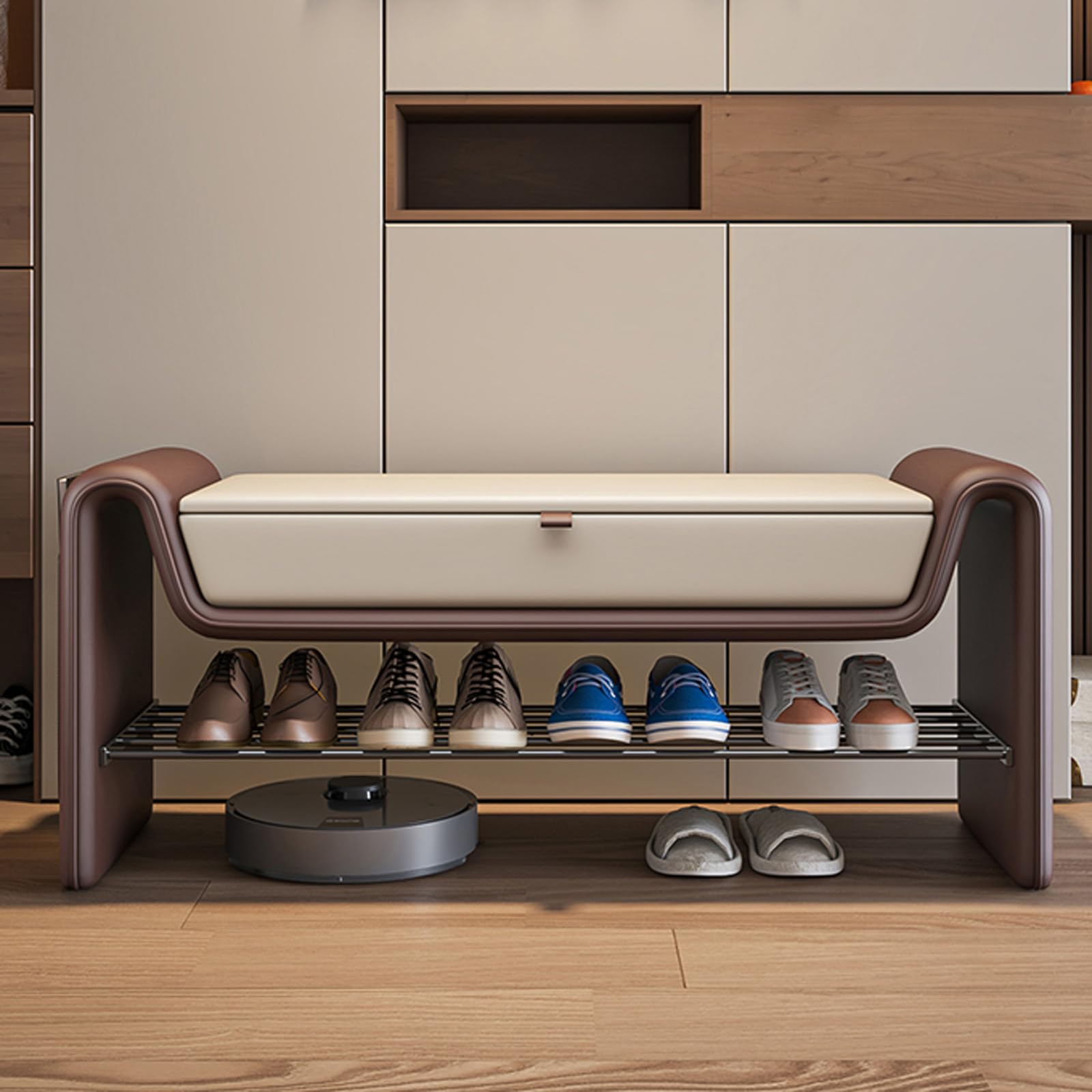Étagère à chaussures pour salle de bain et entrée avec coussin confortable en cuir