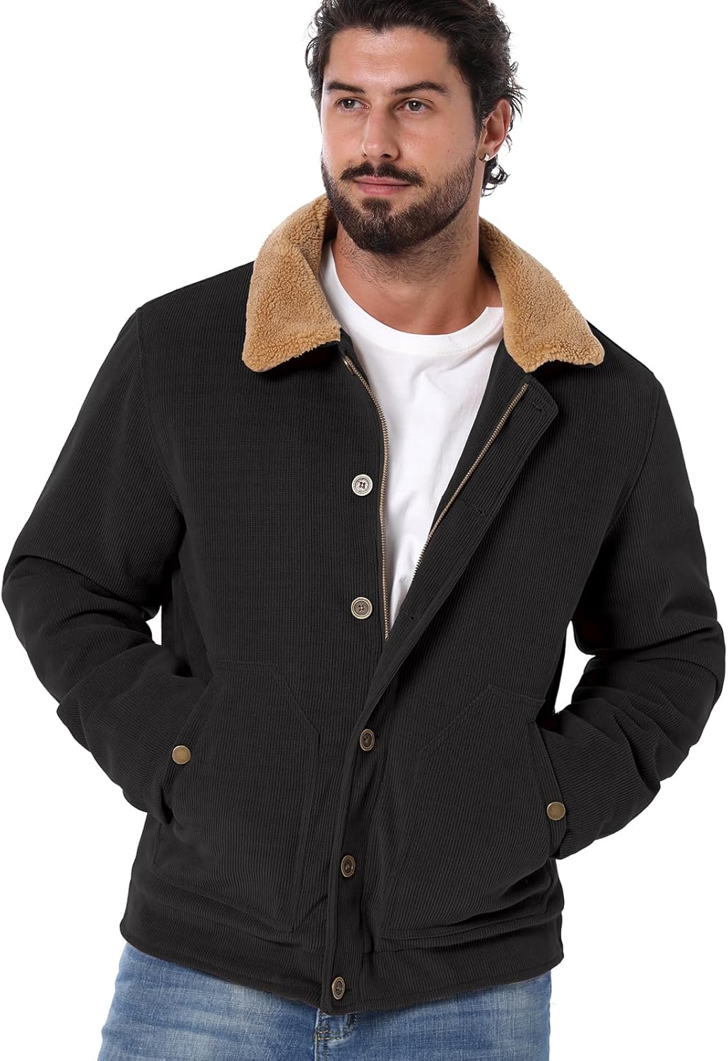 CARWORNIC Men's Winter Corduroy Jacket Warm Fleece Lined Work Jacket Casual Sherpa Trucker Coat - Image 2