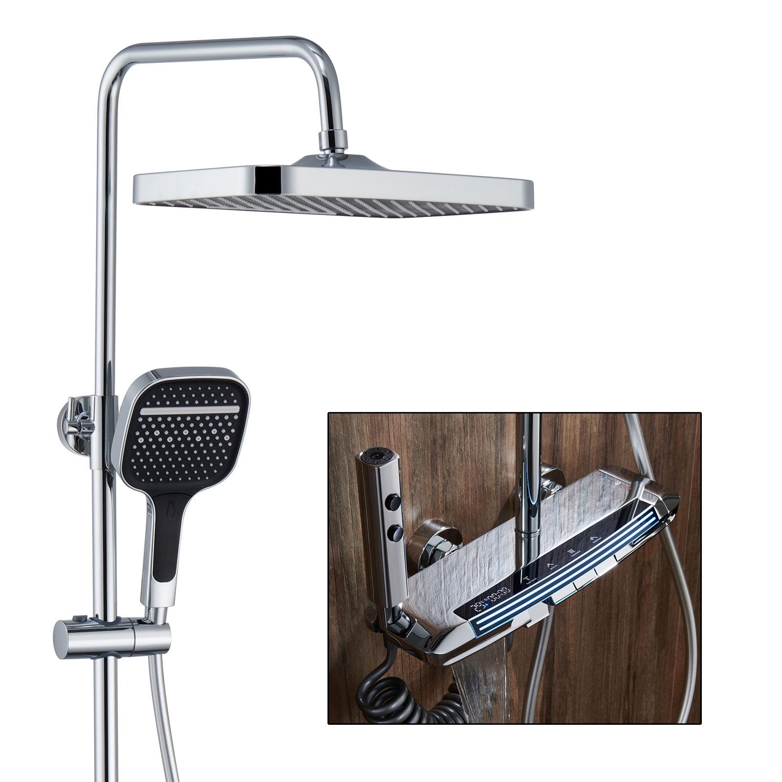 Colonna doccia con LED Luce Ambiente Moderno Piano Touch Set Doccia Rotonda/Pioggia Soffione Cascata Vasca Rubinetto 59A AllCopper Construct