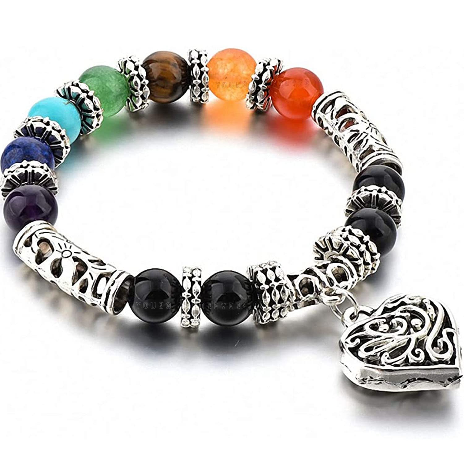 Young & ForeverGift D'Vine 7 Chakra Certified Natural Stones Reiki Healing Meditation and Protection 8-9mm Crystal Beads Multicolor Bracelet for Men and Women