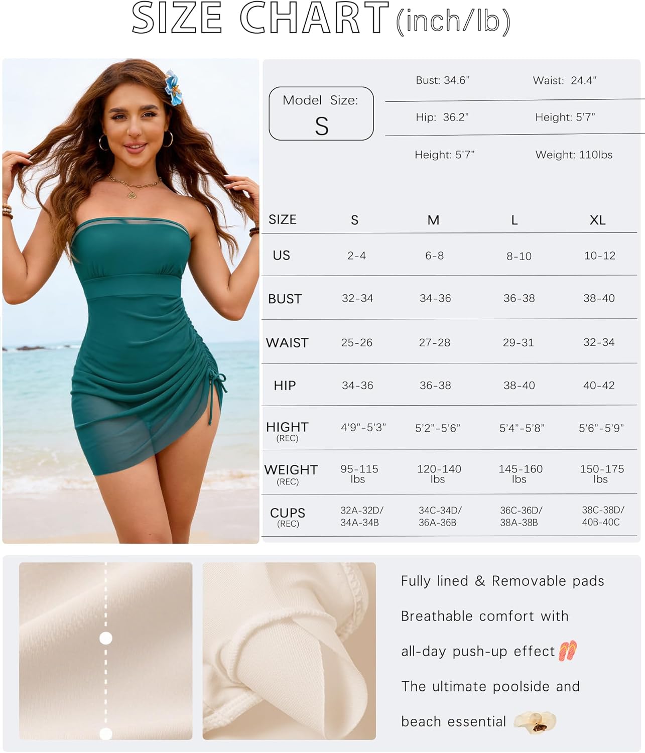 XUNYU One Piece Swimsuit Women Tummy Control Bathing Suit Strapless Bandeau Modest Swim Suits Full Coverage Mesh Swim Dress