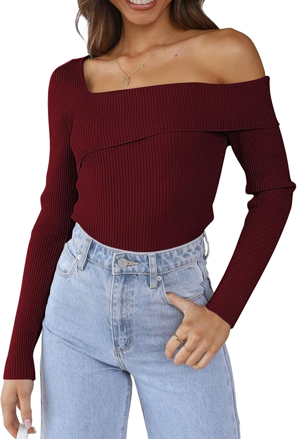 LILLUSORY Womens Off The Shoulder Sweaters Going Out Fall Sexy Knit Pullover Lightweight Asymmetrical Tops Clothes 2026