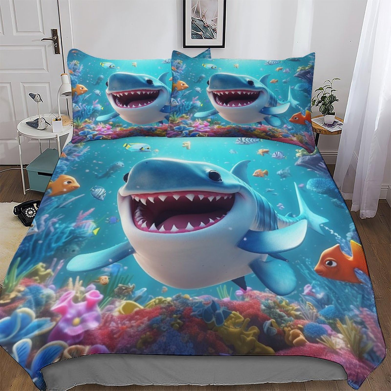 Housse de couette 220x240 requin parure de lit 3 pièces microfibre douce