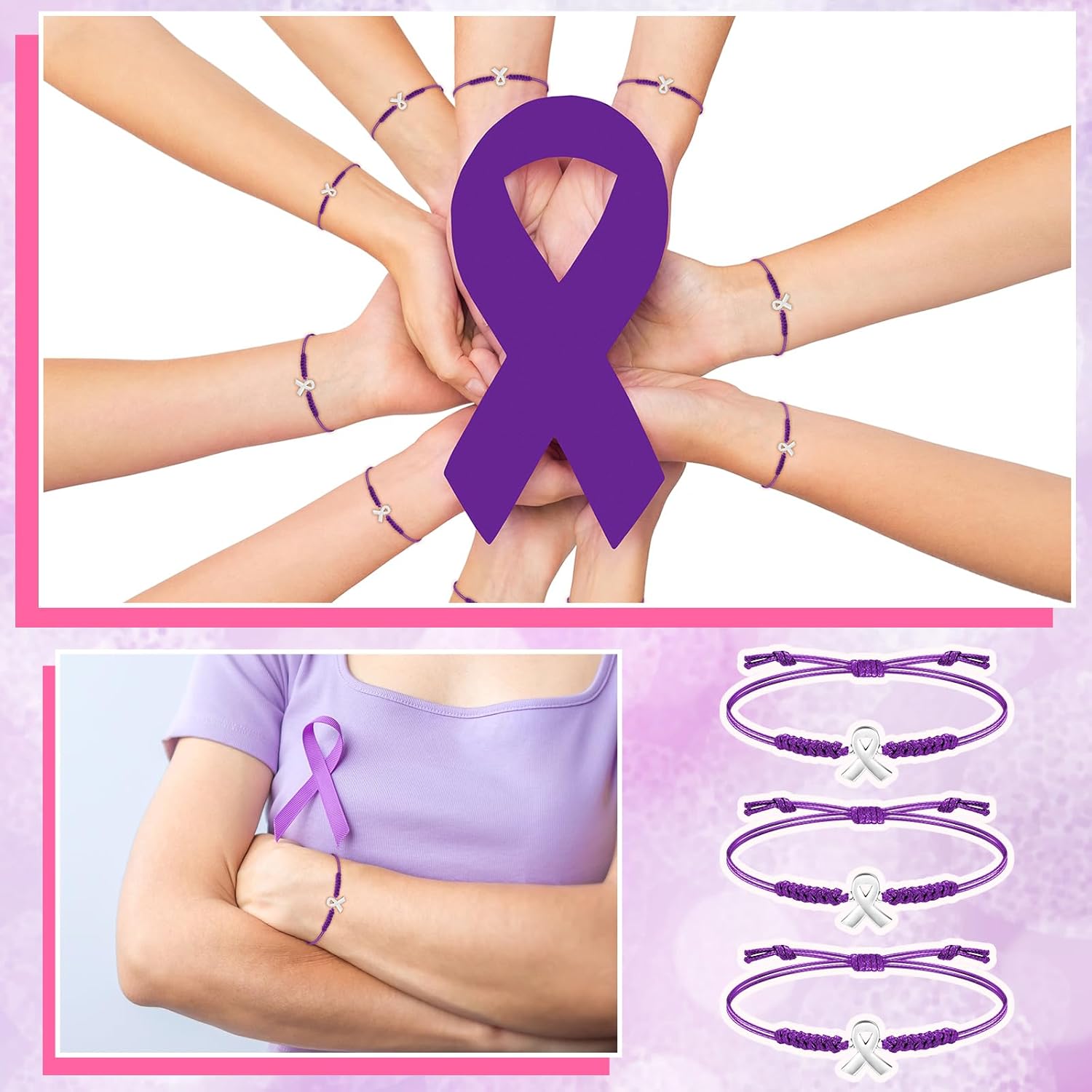 Sasylvia 20/50/120 Pcs Purple Pancreatic Cancer Awareness Bracelets Adjustable Cord Stretch Ribbon Overdose Awareness Bracelets Domestic Violence Cancer Gifts for Women Survivor Jewelry - Image 6