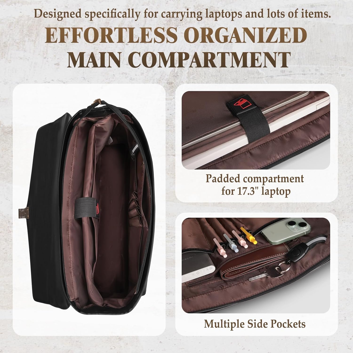 RAINSMORE 17.3 Inch Men's Messenger Bag, PU Leather Laptop Briefcase for Work, Office & Business Travel, Spacious Satchel Bag - Image 4