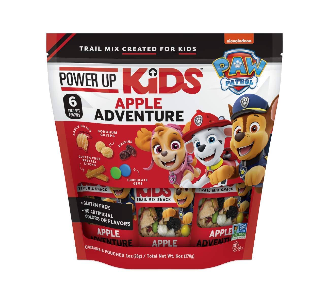 Power Up Kids Trail Mix PAW Patrol GlutenFree NonGMO No Artificial Colors or Flavors NoNut SchoolSafe Snack 1.2oz Individual Servings, Apple Adventure, 6 Count