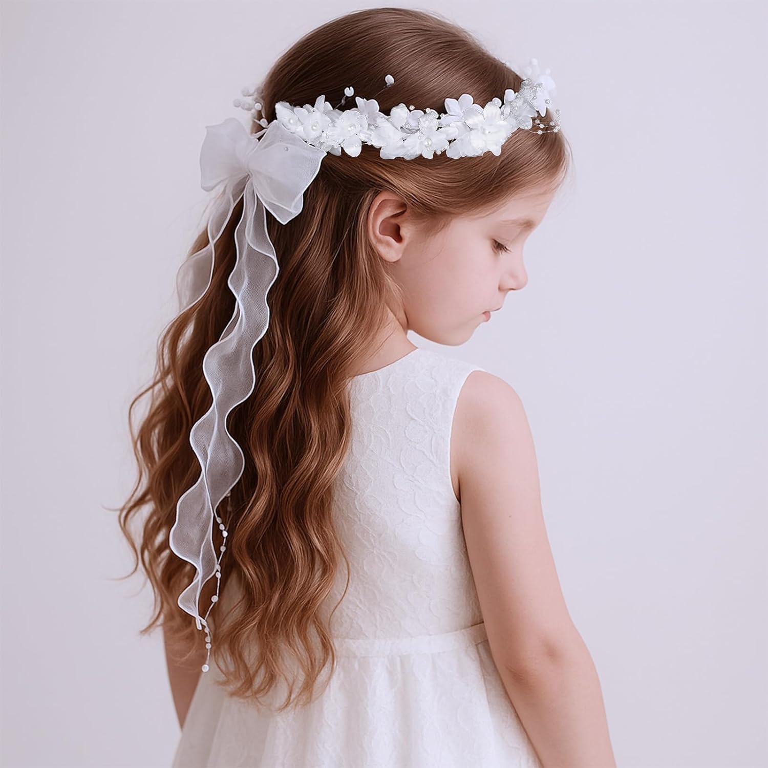 First Communion Headbands for Girls, White Flower Headband Veil Headpiece Floral Bridal Crown Bow Wedding Veils with Pearls Hair Wreath Accessories for Women Girls - Image 7