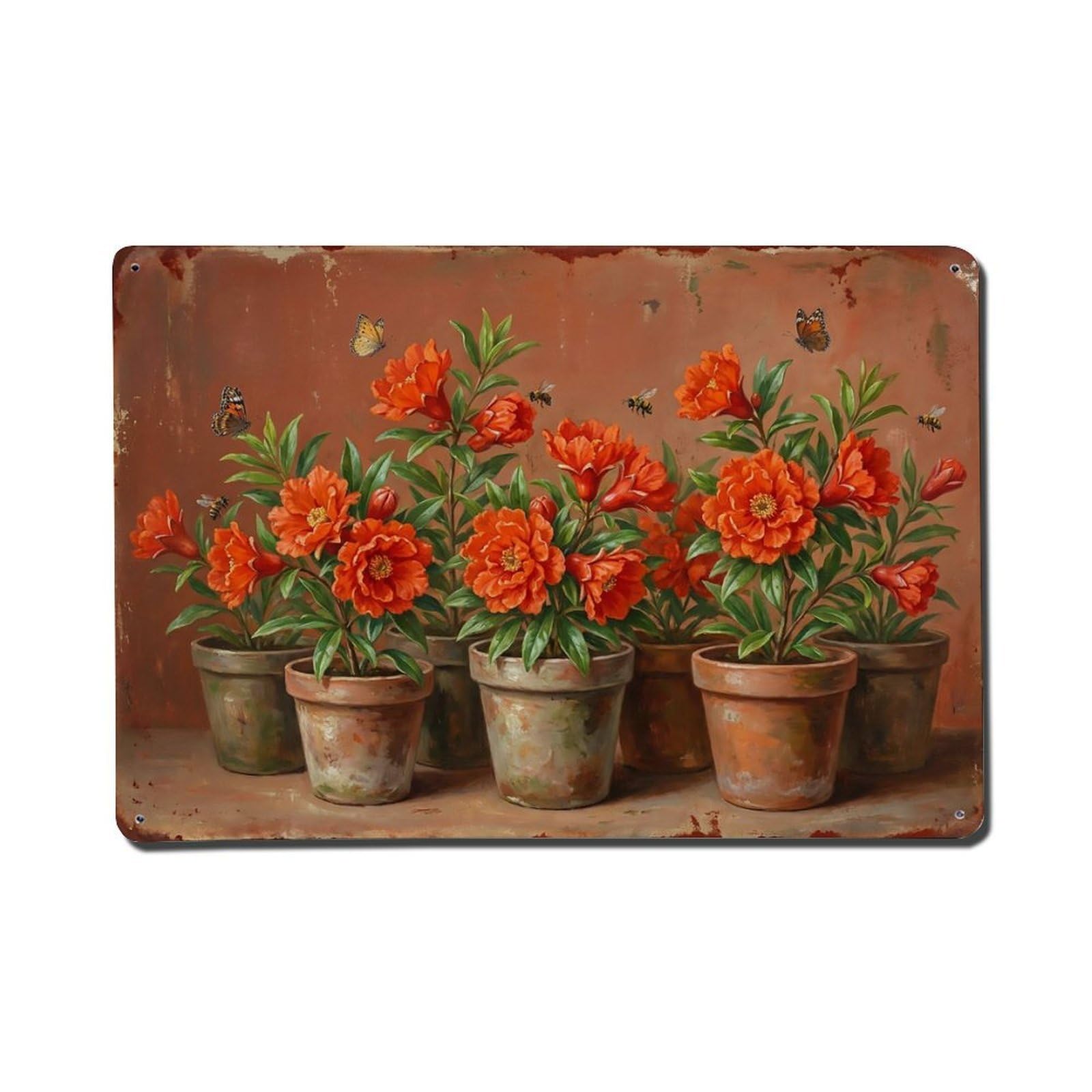 Vintage Rustic Flower Potted Plants Pomegranate Metal Tin Sign