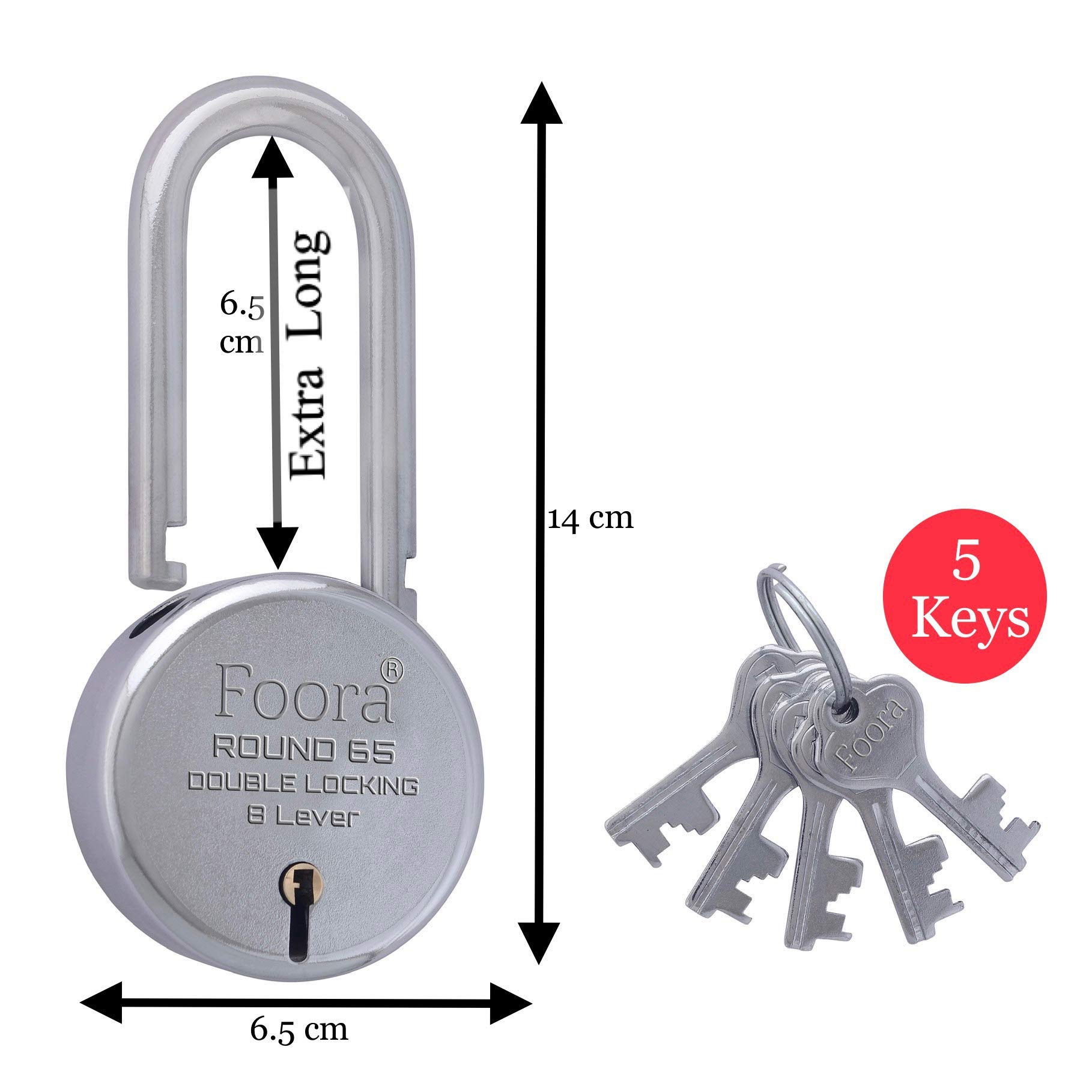 Foora 65 & 65 LS Padlock Set – Door Lock for Home | Long Shackle | 5 Keys | Silver Finish | Pack of 2(Round 65 & 65 LS Pack of 2) — Amazon image 4