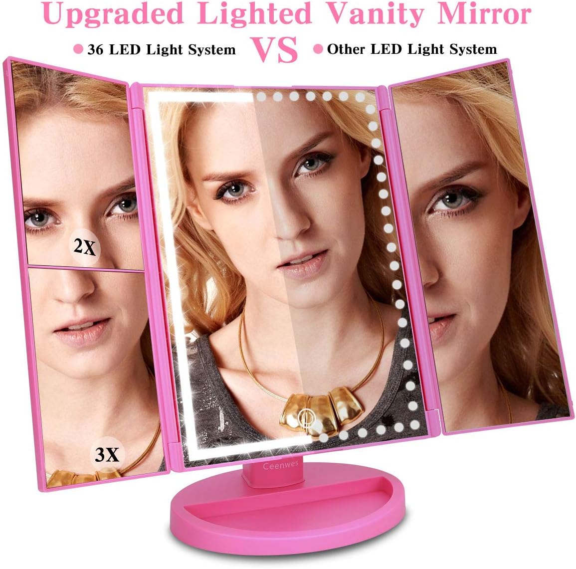 Ceenwes Upgrade Version Makeup Mirror 180°Trifold LED Vanity Mirror Adjustable Touch Screen Cosmetic Mirror with 36 LED Lights Lighted Makeup Mirror with 4 Magnification 1X/2X/3X/10X Mirrors
