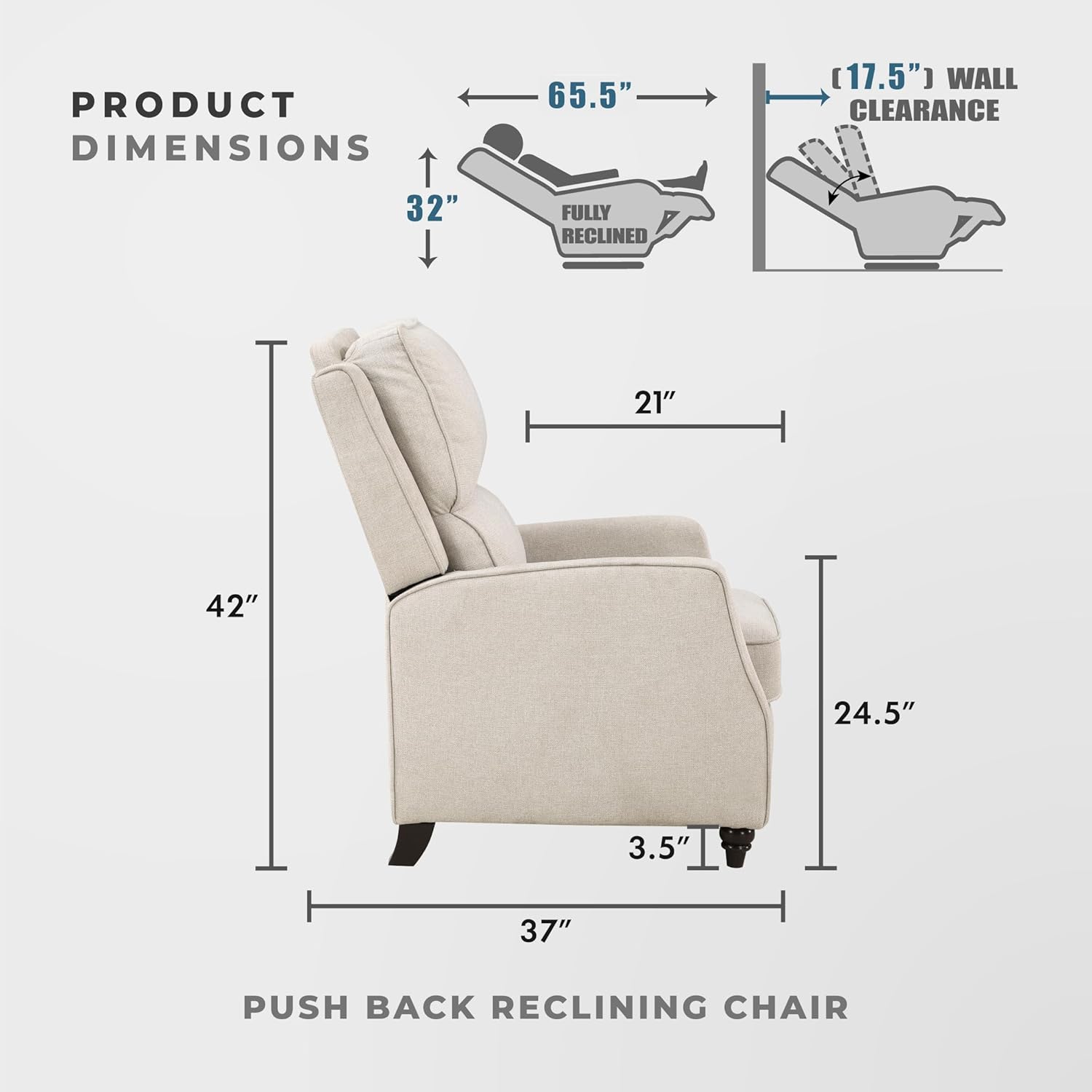 Lexicon Push Back Recliner Chair Living Room, Reclining Sofa Chair, Modern Recliner, Fabric Recliner Arm Seat for Living Room/Office/Apartment, Beige Beige Classic