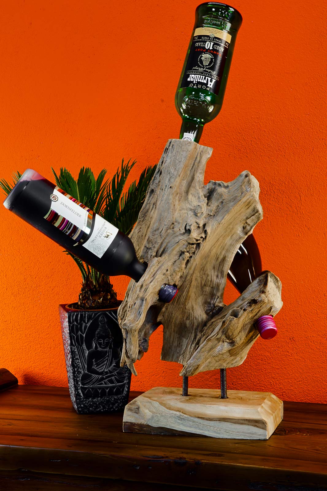Kinaree Wurzelholz Flaschenständer M/XL/XXL - Wein Flaschenhalter aus Teak Holz - Rustikale Dekoration in modernem Design (M)