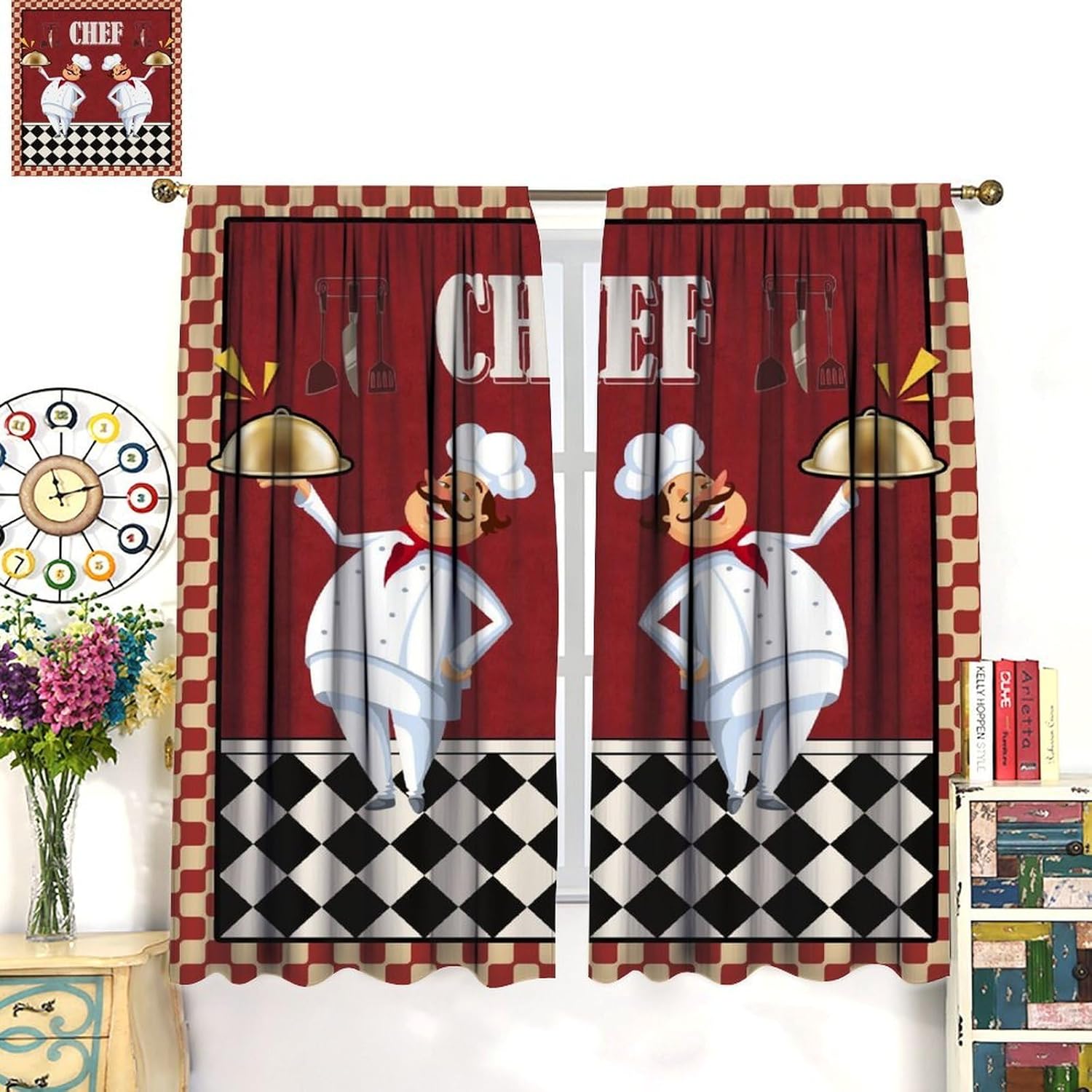 Kitchen Curtains Red Fun Chef Farmhouse Black and White Checkered Cooking Gourmet Tableware Windows Treatments Rod Pocket for Living Room Bedroom Cafe Dining Room 42X62.5in（No Blackout）
