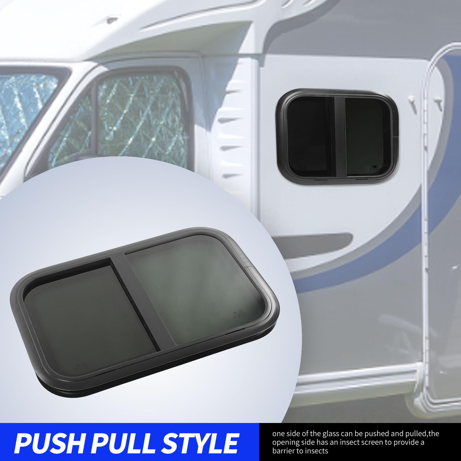 700 X 300 Mm en Verre trempé RV Fenêtre Coulissante Cadre en Alliage D'aluminium Noir avec écran Mobile pour Caravane, Camping-car, Remorque (épaisseur de paroi applicable : 31 à
