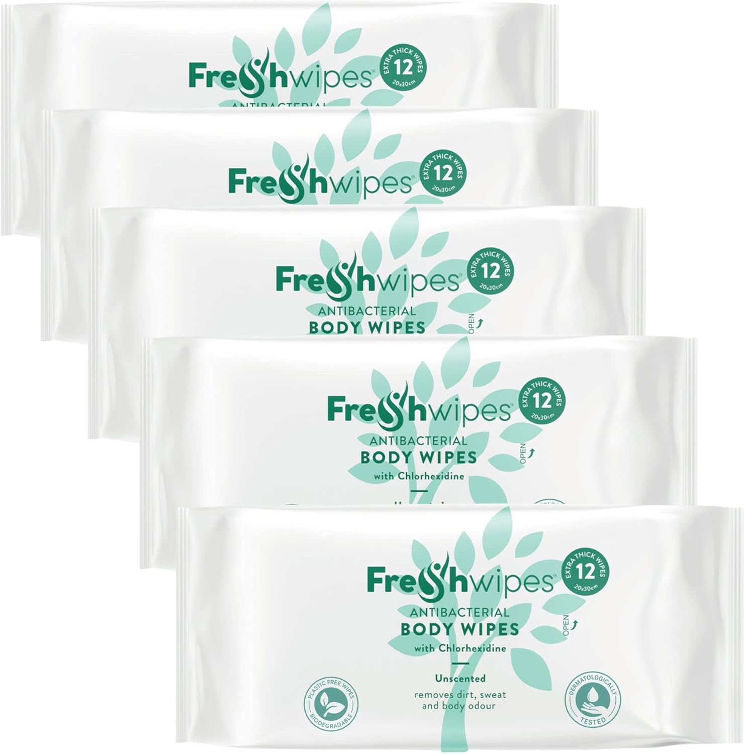 Fresh Wipes Body Wipes 5 x 12 Pack Unscented No Rinse Chlorhexidine