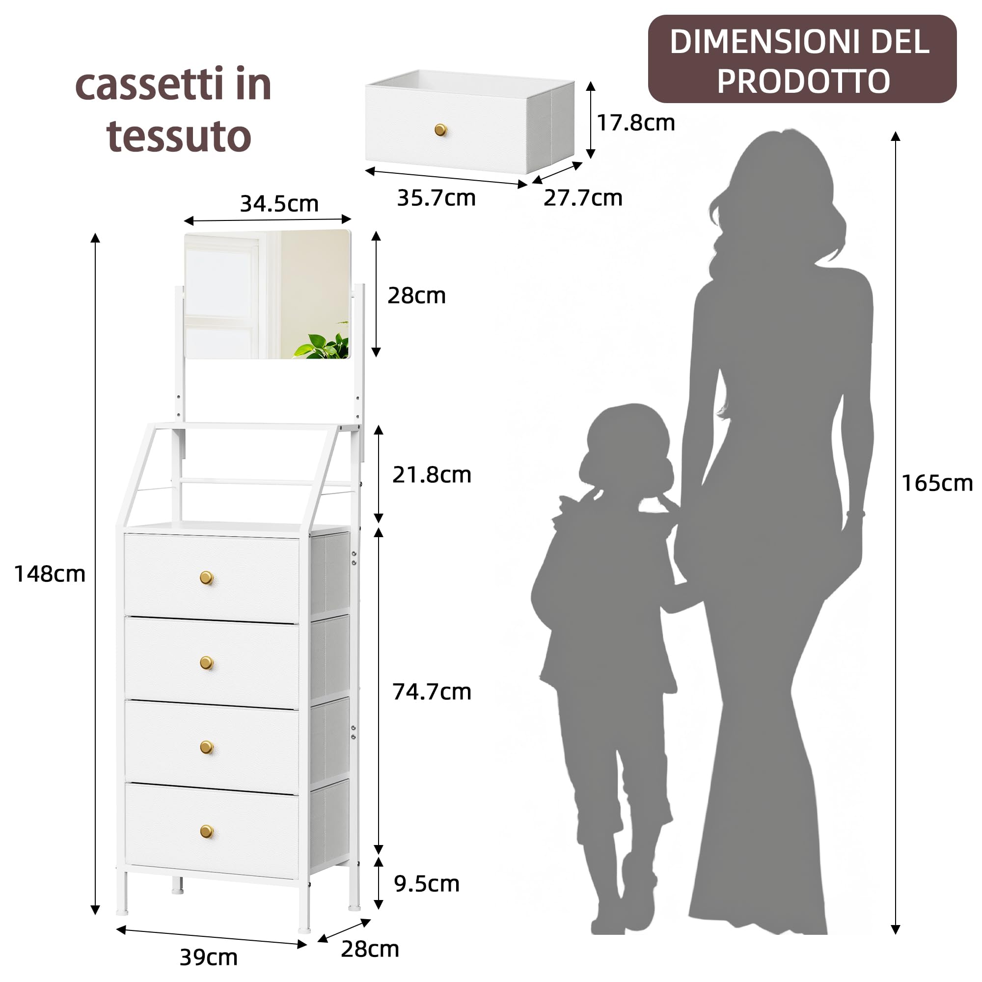 Cassettiera Alta Specchio Regolabile, 4 Cassetti Tessuto, Bianco | Mobile Salvaspazio | Cassettiera con specchio | Cassetti in tessuto | Camera da Letto | Ingresso | Corridoio | Soggiorno