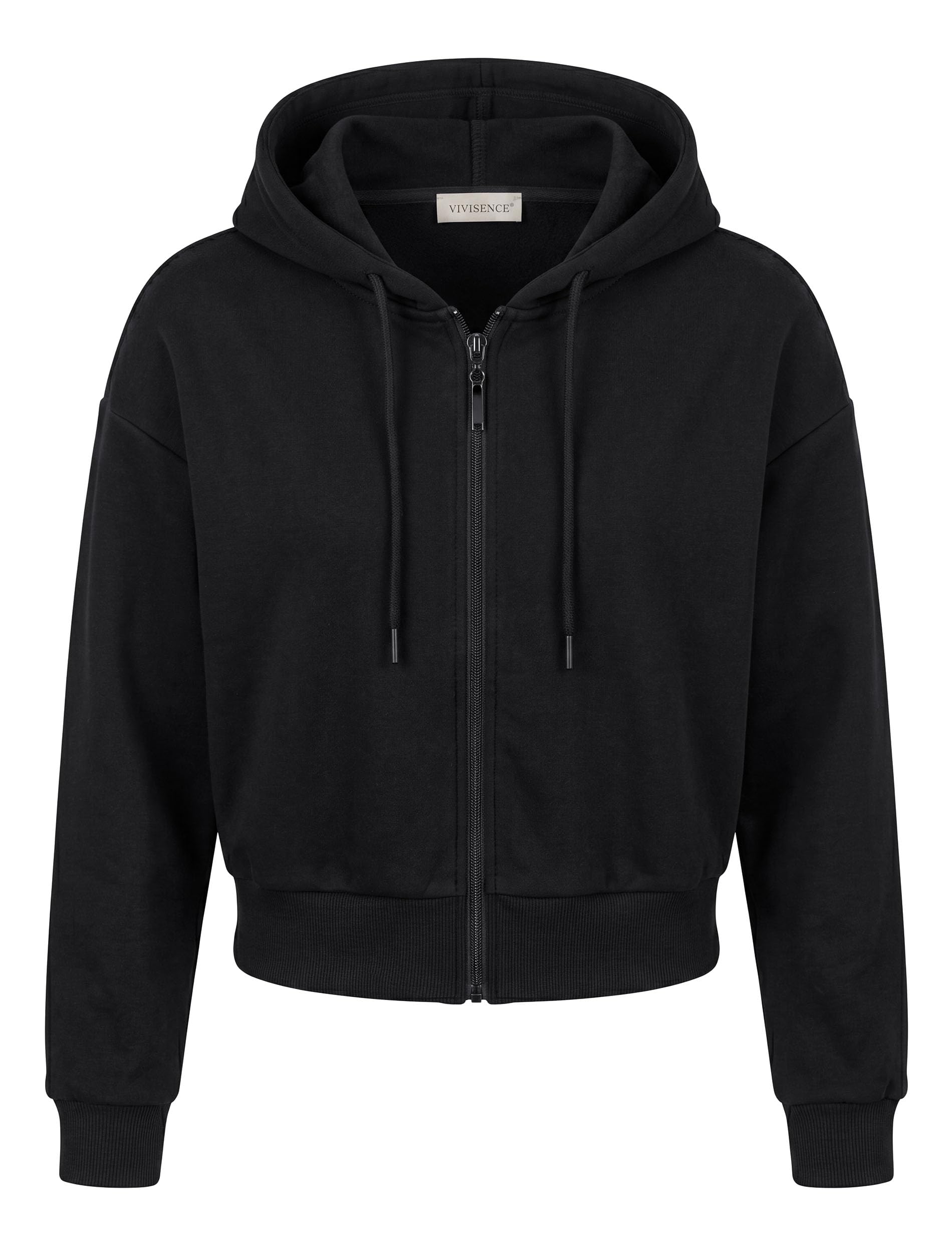 Vivisence 9009 Bluza rozpinana, czarny | krótszy krój, pełny suwak, gładka dzianina, długie rękawy, elastyczne ściągacze