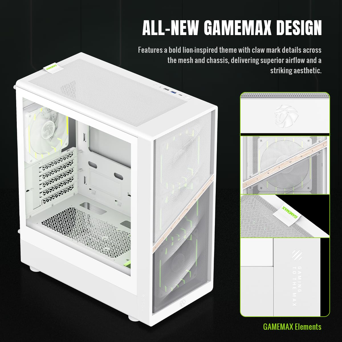 GAMEMAX AERIS 330 MW MATX - Alloggiamento da gioco a forma di leone artiglio, 4 ventole ARGB, rete ad alto throughput, supporto M-ATX, GPU da 330 mm, radiatori da 240/360 mm, USB-C, multi memoria