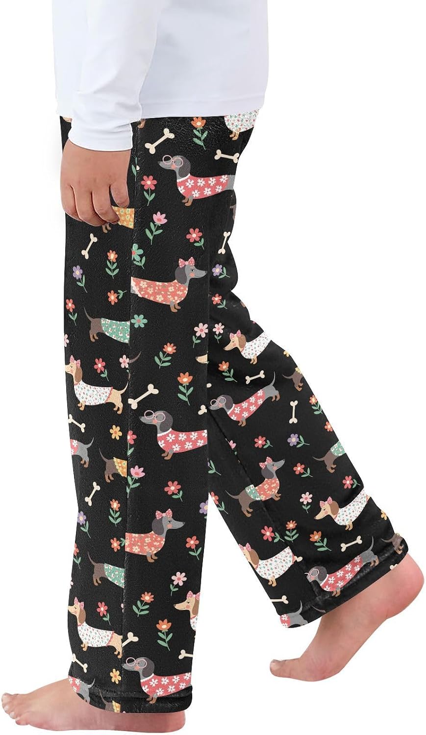 Dog Flower Black Pattern Plush Pajama Pants Sleepwear Bottoms Lounge Fleece Pants with Elastic Waist, S-XL