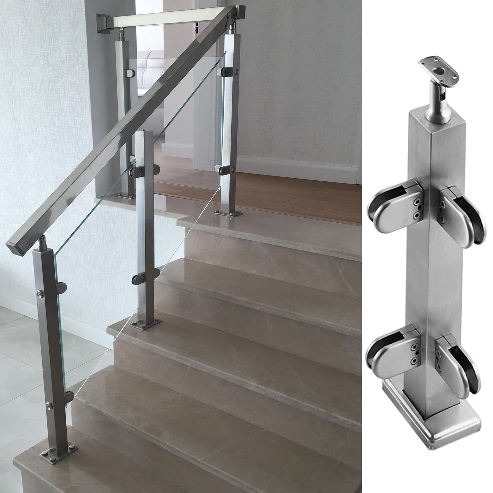 GJZNJYL 304 Stainless Steel Glass Railing Post, 115cm Balustrade for Balcony, Deck & Stairs, Indoor/Outdoor Corner Post with Slots & Base - Durable & Stylish Safety Solution