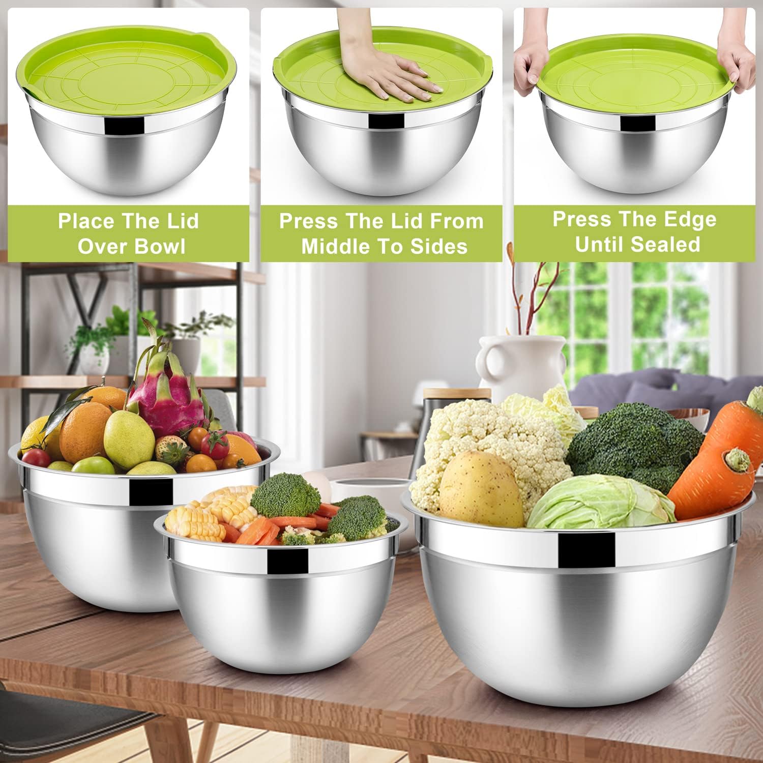 Walchoice Mixing Bowls with Lid Set of 6, Stainless Steel Metal Nesting Bowls for Cooking, Baking, Preparing, Serving, Size 4.5/3/2.5/1.5/1/0.7 QT - Multi-Color