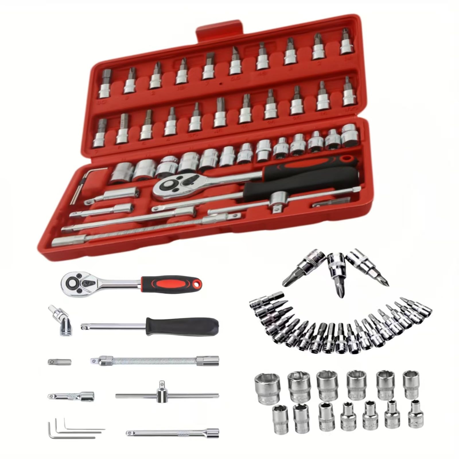 WAISHAT 46-Piece Compact Drive Socket Ratchet Wrench Screwdriver Set with Metric Hex Socket Set and Extension Bar, Suitable for Automotive, Bicycle, and Motorcycle Maintenance