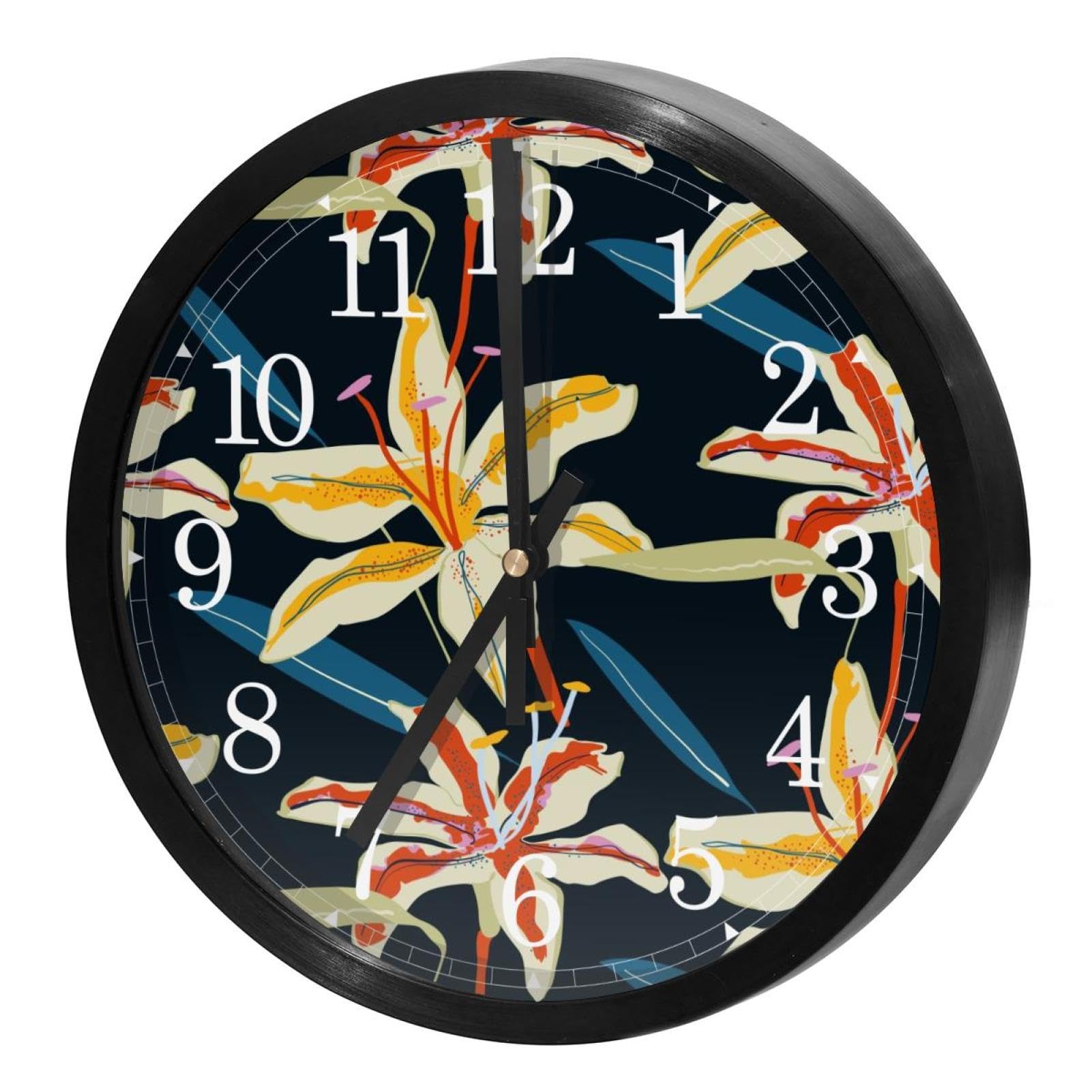 Horloge murale silencieuse à quartz fleur de lys noir pour la décoration de cuisine et salon