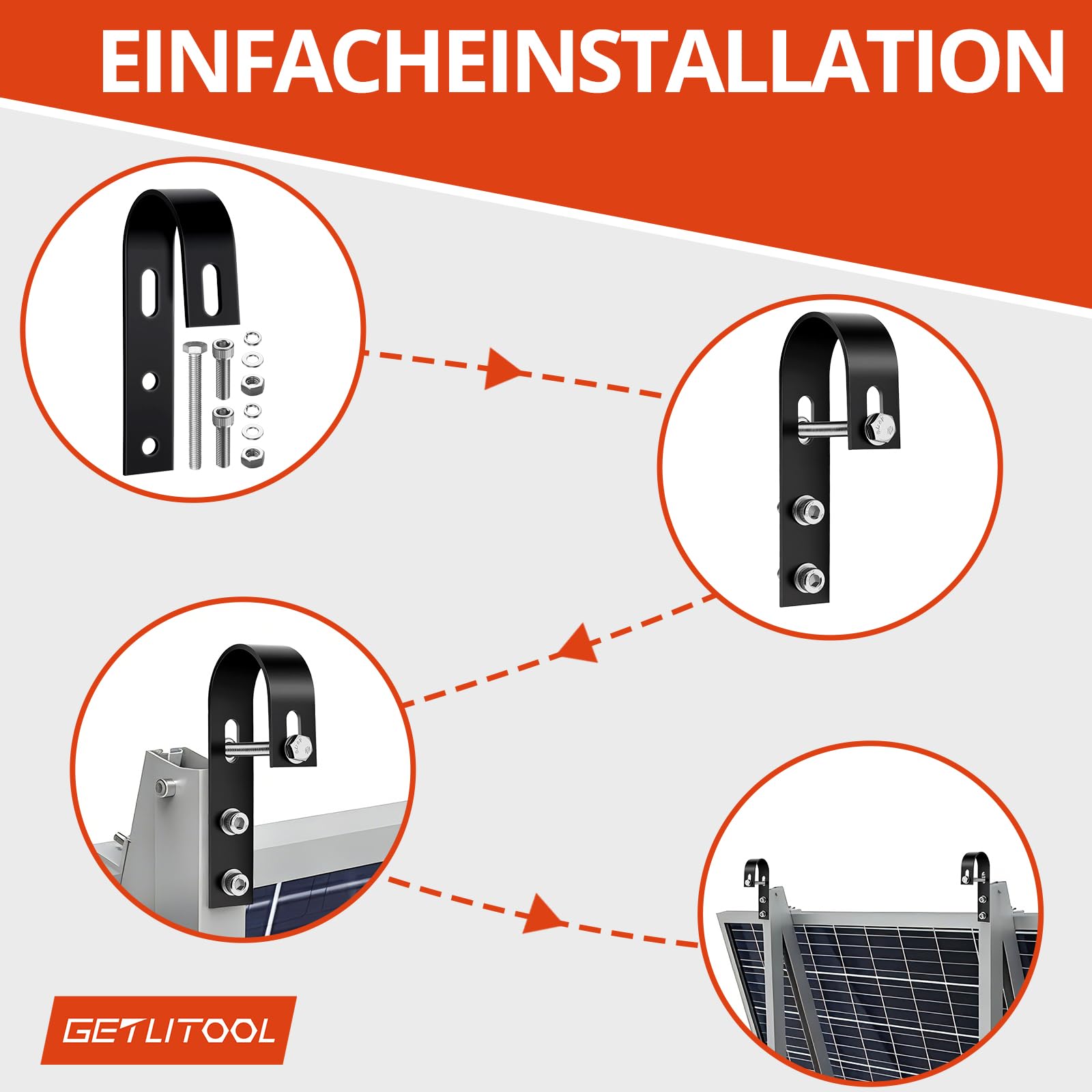 GETLITOOL 8 Stück Balkonkraftwerk Halterung 304 Edelstahl, Universal PV Modul Befestigung Haken für PV-Module, Solarmodul Halterung mit Komplettes Montageset für Balkon, Dach, Garage, Wohnmobil, Boot