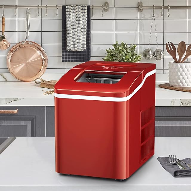 TANGZON 12kg/24h Ice Maker, 9 Cubes Ready in 8 Mins, Self-Cleaning Countertop Ice Machine with Water Tank, Ice Basket & Scoop, Portable Ice Cube Maker for Home Office (Red)
