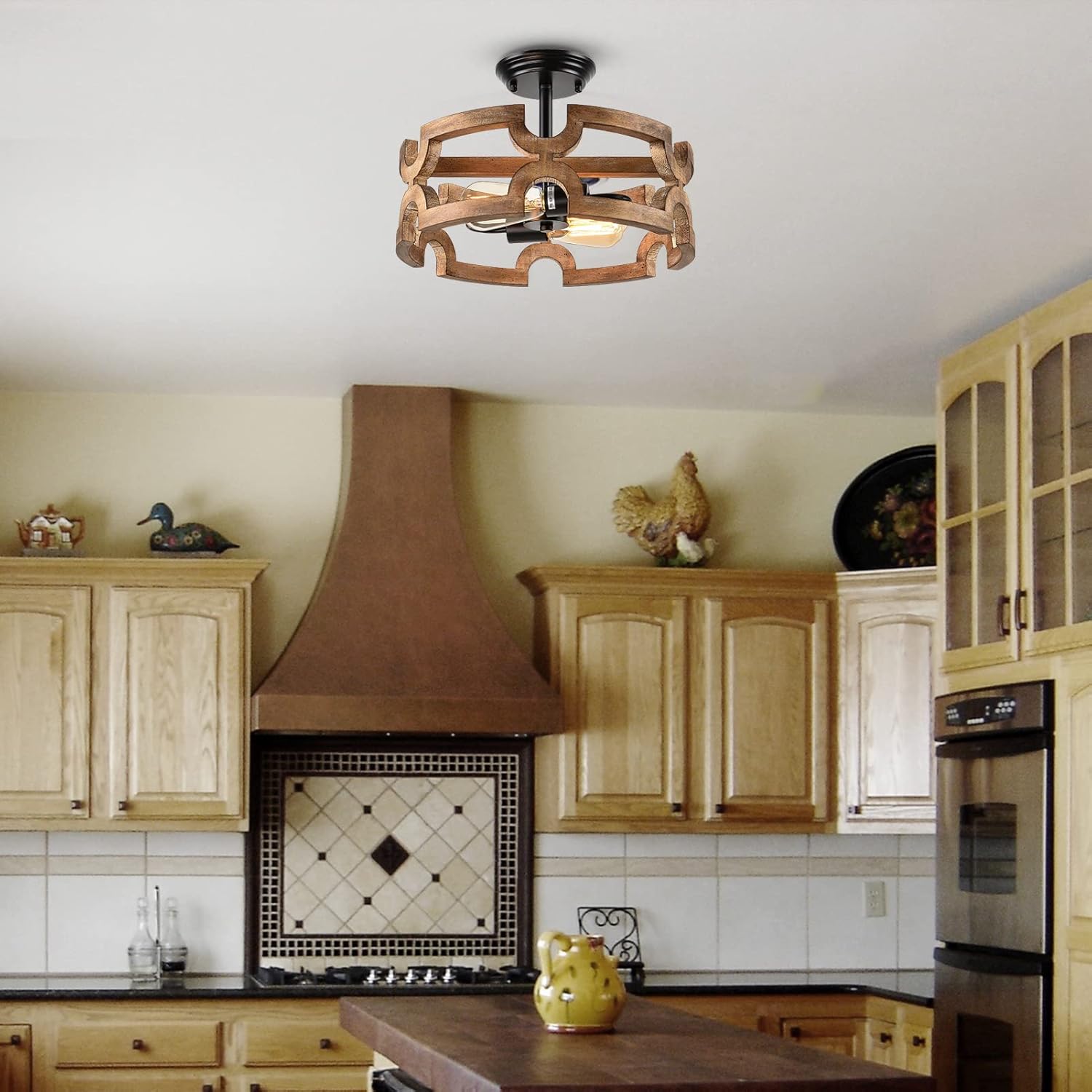 Tор Rаtеd Bribyit Farmhouse Chandelier Light Fixture, Rustic Drum Semi Flush Mount Ceiling Light, 2-Light Wood Pendant Light with Sloped Accessories for Dining Living Room Foyer Kitchen,Height Adjustment